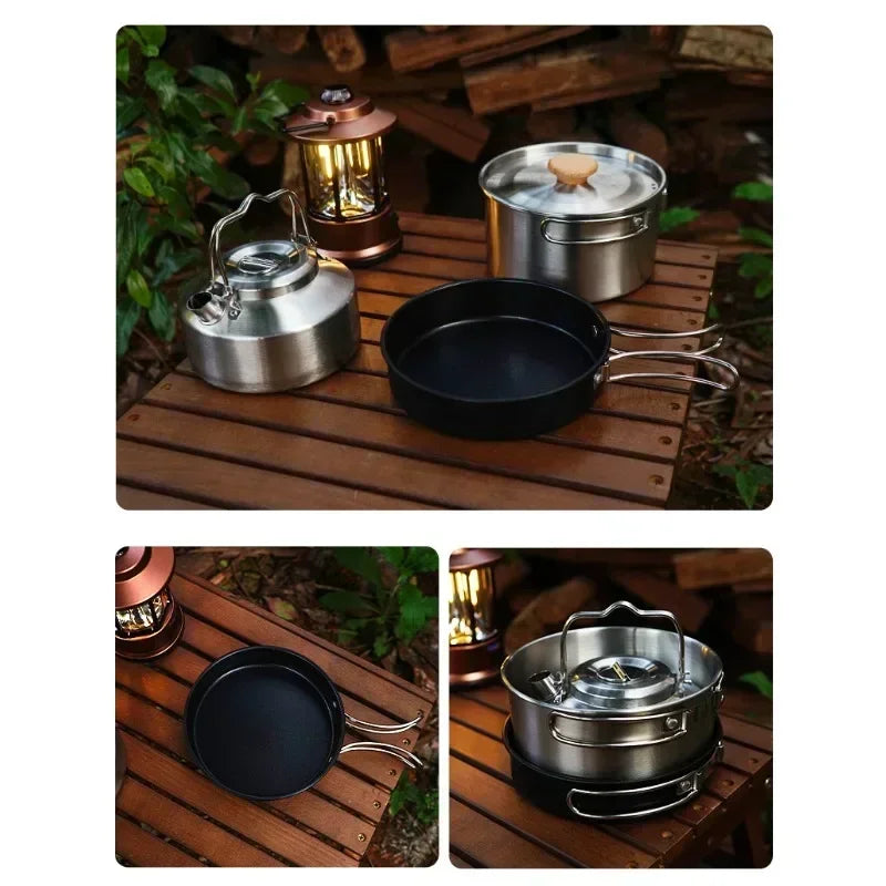 New Set 4pcsOutdoor Stainless Steel Pot Set Camping Family Pot Set 1L Portable Picnic Soup Pot Frying Steaming Household Camping