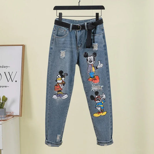 Cartoon Jeans Women 2023 Spring Summer Ripped Print High Waist Loose Slimming Cropped Harem Pants Long Baggy Trousers