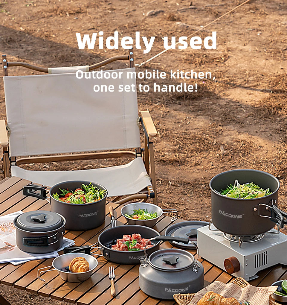 PACOONE Camping Cookware Set Outdoor Portable Foldable Cookware Set Pot Cooking Kettle Set Tableware Hiking Picnic Equipment