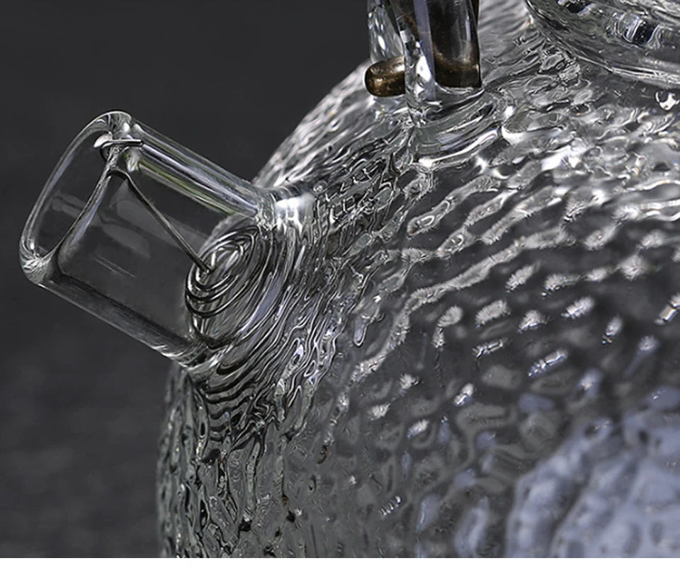 Ceainic de sticlă rezistent la temperaturi ridicate, set de ceai, ceainic de flori cu textură ciocănită manual, cu mâner pentru a face ceainic Gaiwan Pu Erh