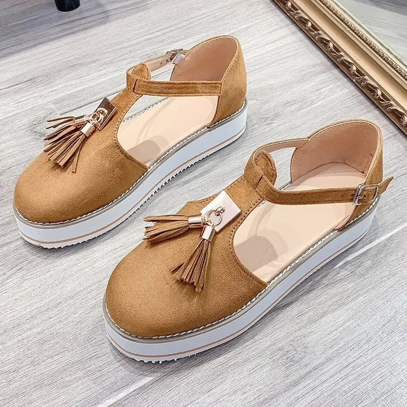 Women's Sandals Summer 2025 Casual Flat Platform Heel Tassel Buckle Strap Female Sandals Platform Vulcanized Shoes for Women New