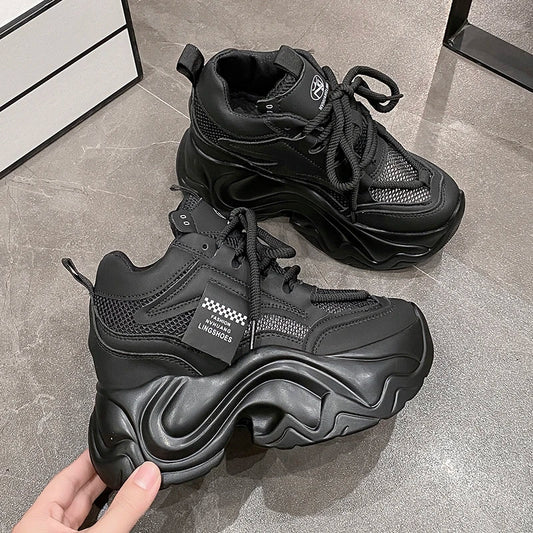 Women High Platform Sneakers New Summer 9.5CM Wedge Heels Thick Sole Leather Shoes Autumn Breathable Mesh Chunky Sneakers Woman