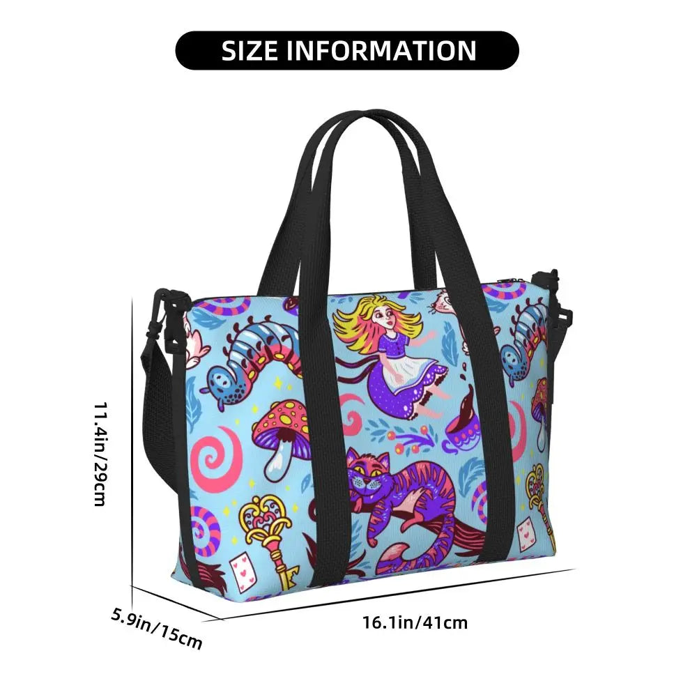 Custom Cheshire Cat Beach Tote Bag for Women We're All Mad Here Cat Big Compartment Gym Beach Travel Bags