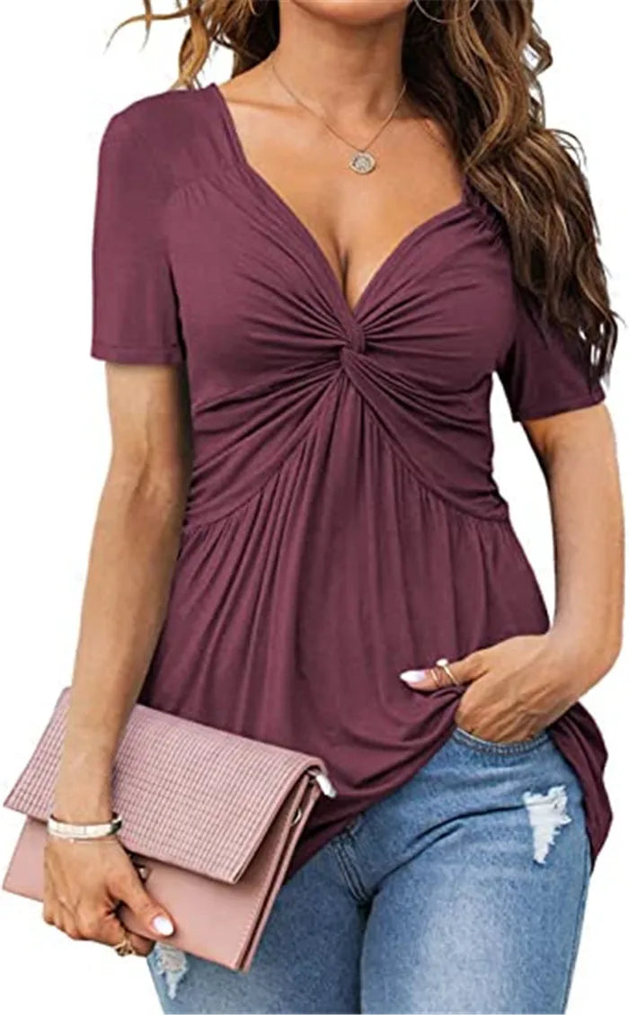 Women Tshirt Twisted V-Neck Short Sleeve Solid Color Sexy Office Lady Casual Slim 2025 Summer Fashion Tee Tops Femme Clothing