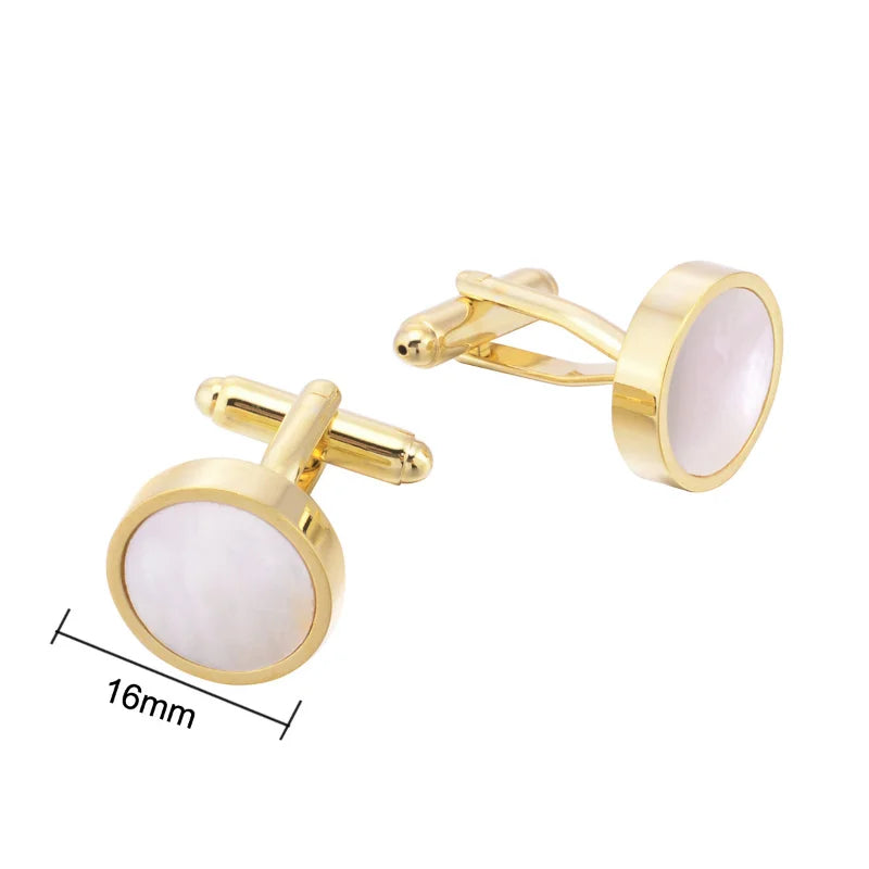 Hot Sale Gold Color Pearl Shell Cufflinks Lepton Stainless Steel Round Cufflink for Mens Wedding Business Cuffl Links Gemelos