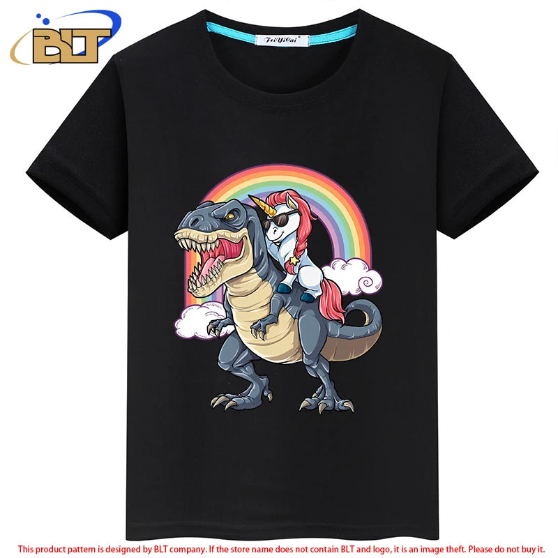 Kinder-T-Shirt 2025: Einhorn auf Dinosaurier - Premium Baumwoll-Mix