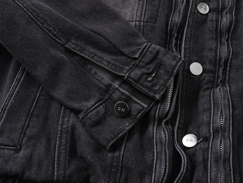 Washed Black Cargo Denim Jacket Men Baggy Zip Up Distressed Outerwear American High Street Blue Loose Casual Jeans Jacket