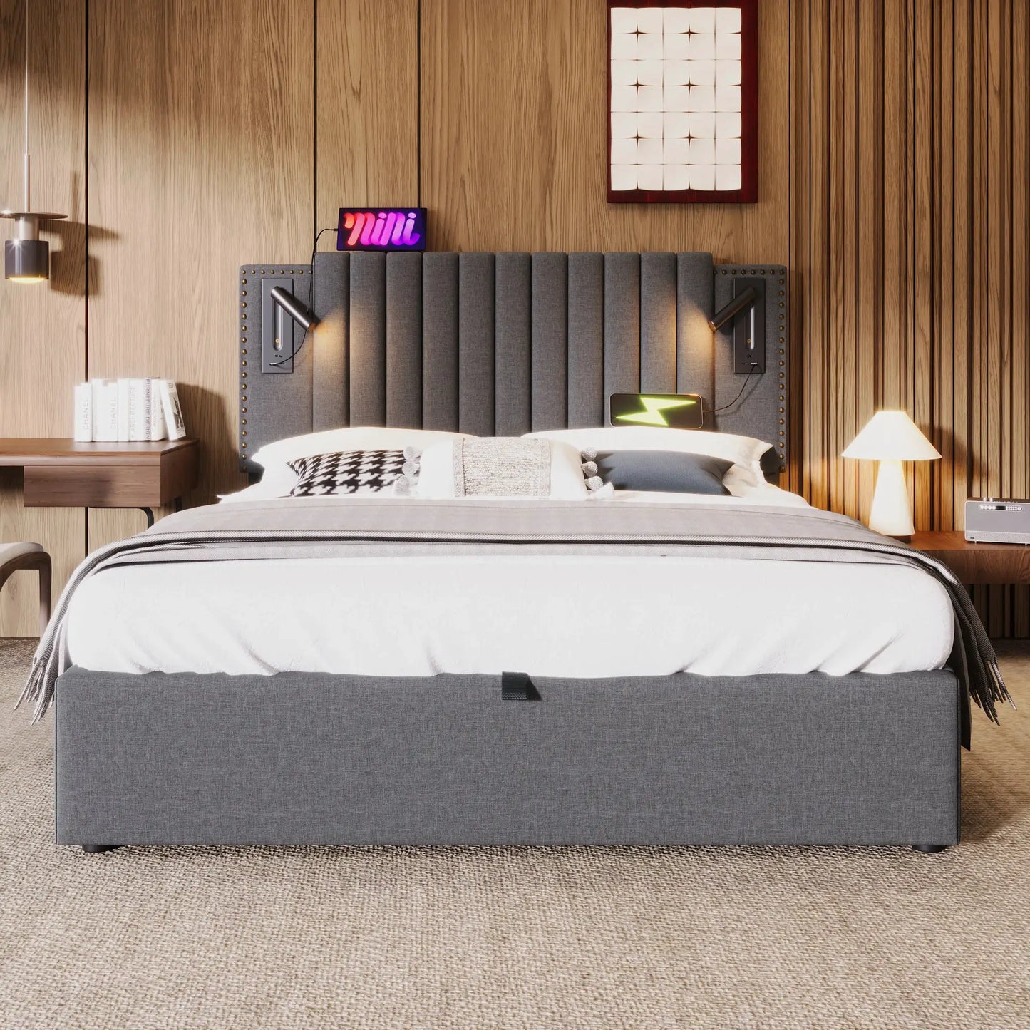 Polsterbett Doppelbett Mit Leselicht Und USB Ladefunktion
