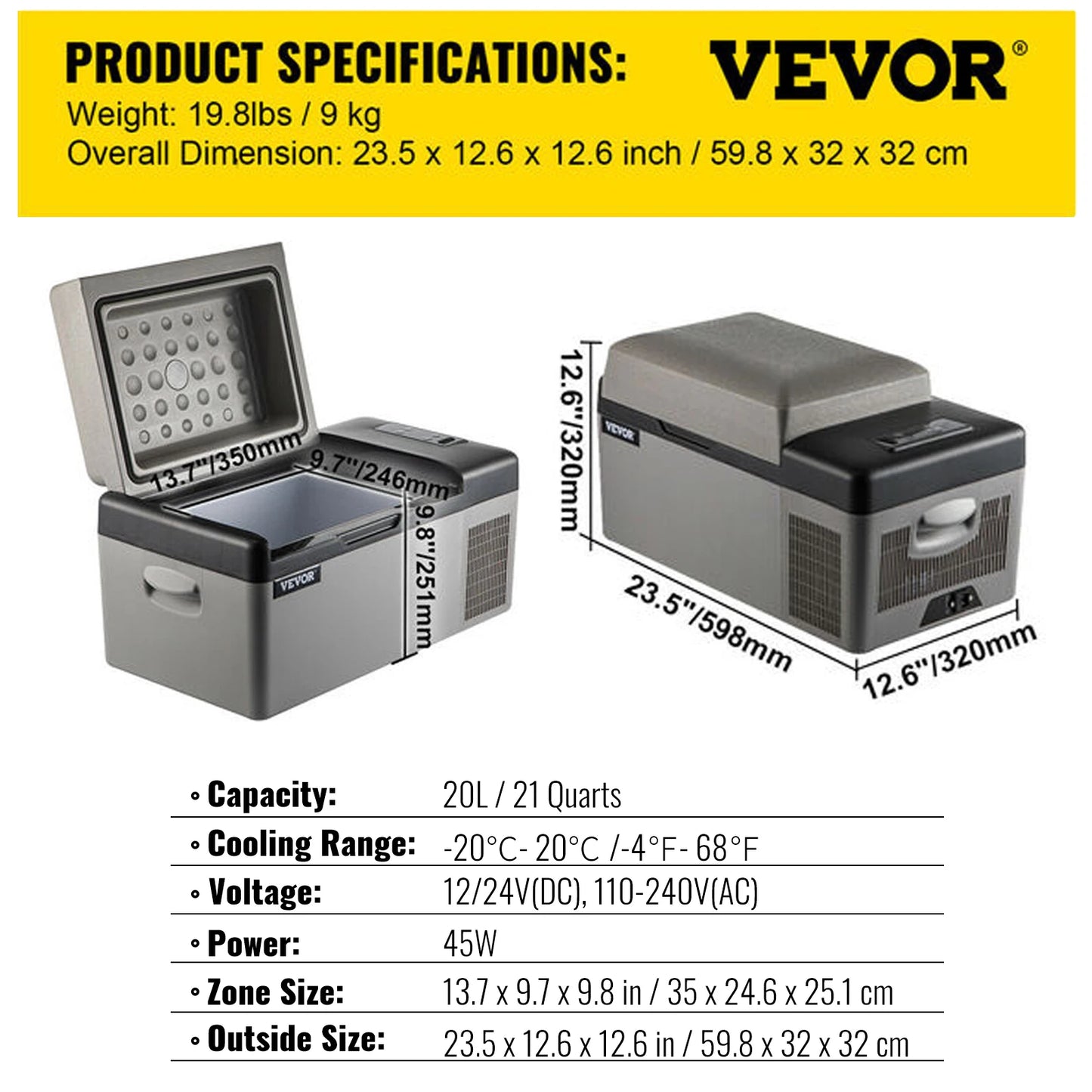 VEVOR 20L 22L 35L 45L 55L Auto-Kühlschrank Mini-Kühler Komprimier-Kühler 12/24V DC 110-240V Eisbox für Camping