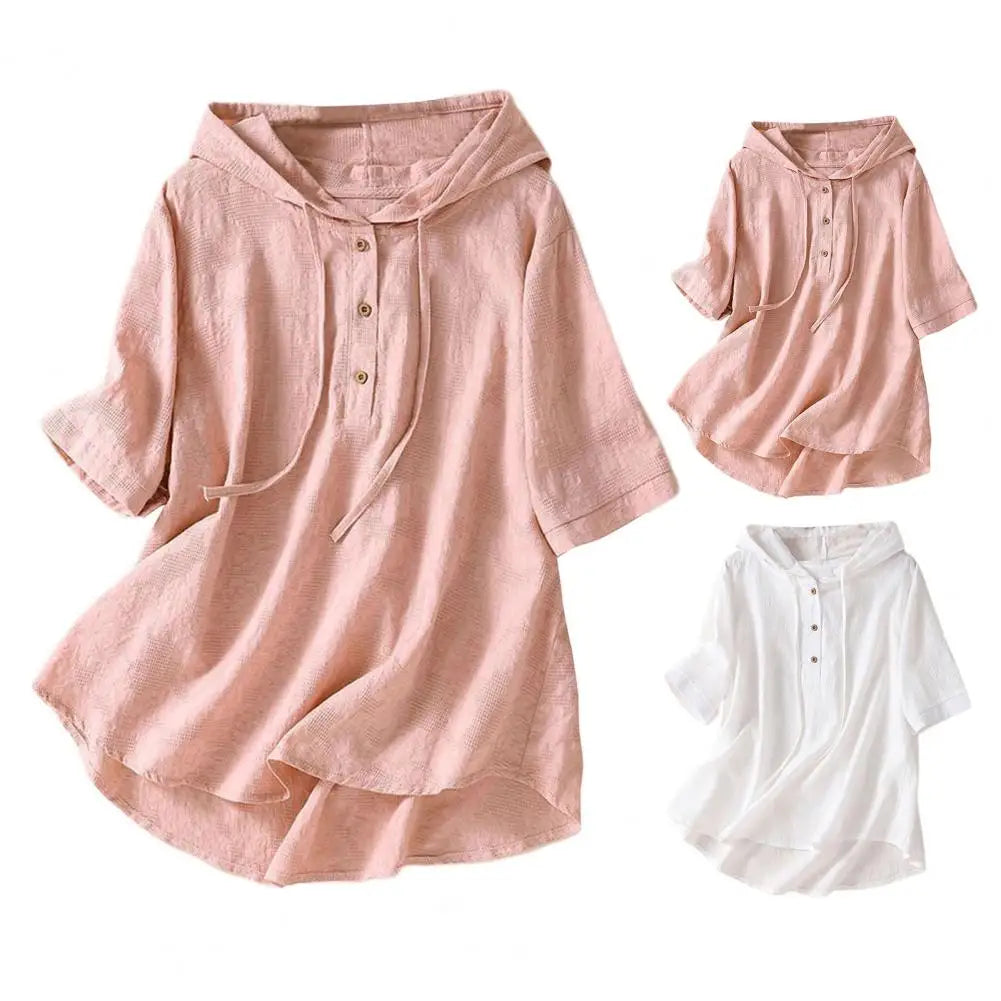 Elegant Women Blouse Shirt Hooded Cotton Linen Solid Color Buttons Half Placket Short Sleeve Top Thin Loose Blouse