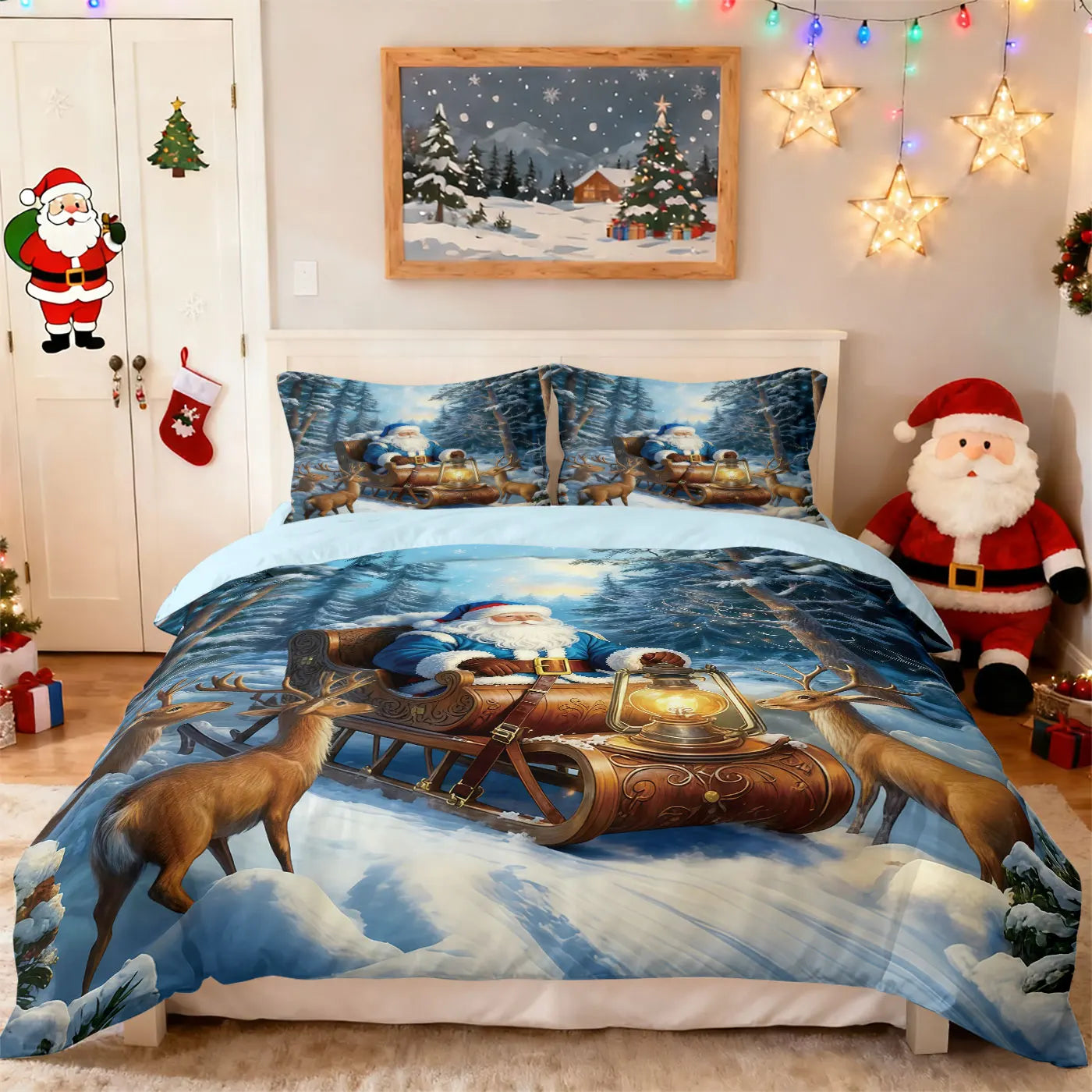 3pcs Merry Christmas, Santa Claus Printed Chipless Bedding Set, Multi Size Bedding Decoration, Comfortable and Machine Washable