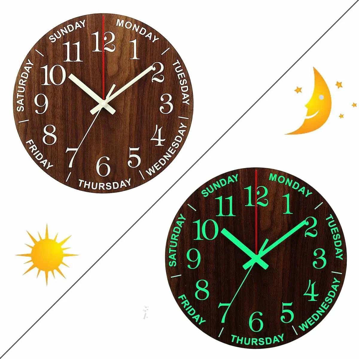 Nordic 12 Inch Luminous Wall Clock Wood Silent Light in Dark Night Fashion Wall Clock Non Ticking Clock with Night Light