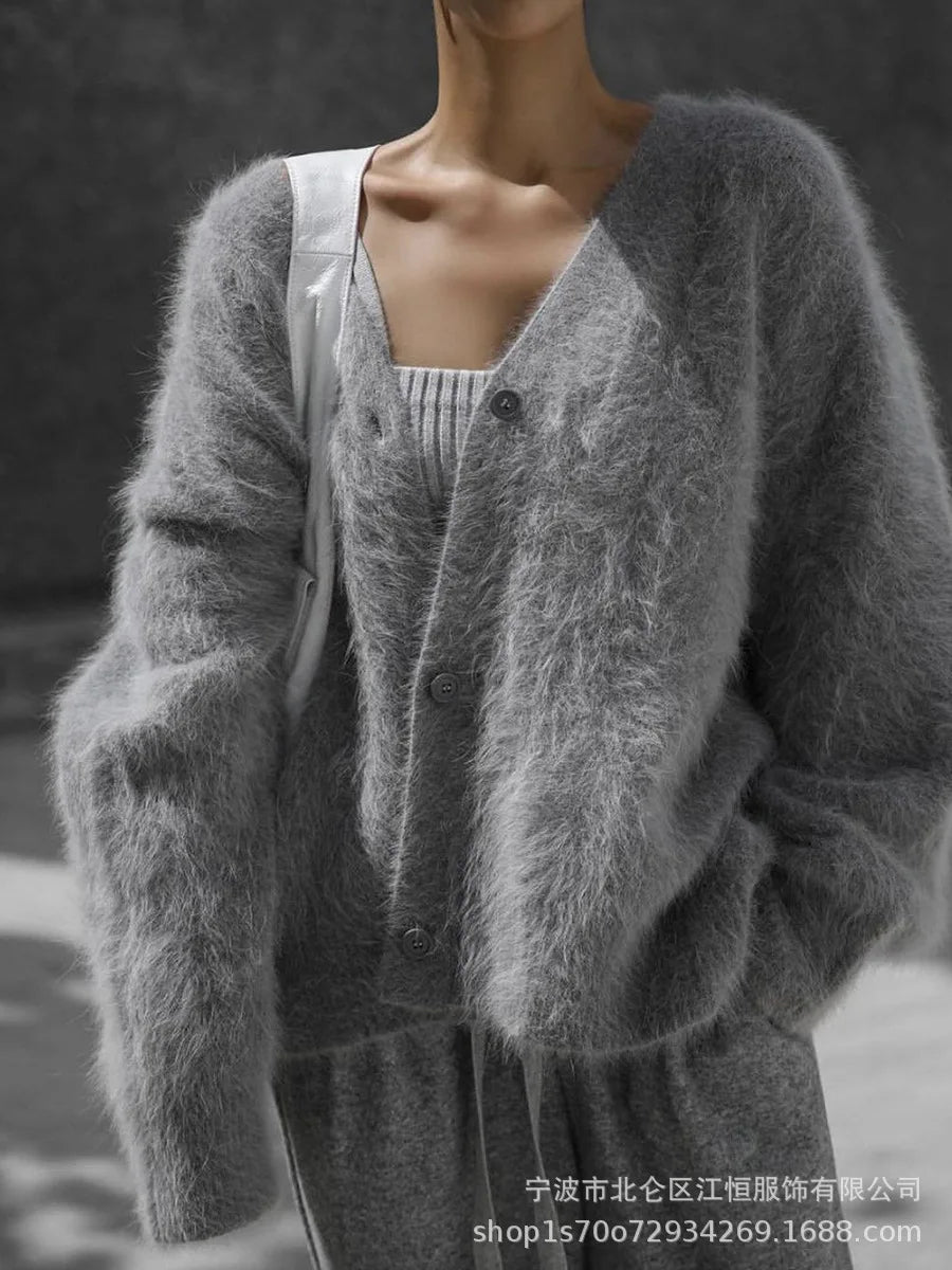 Frauen Kaschmir Strickjacke V-Ausschnitt - Gr. S-XL, lang