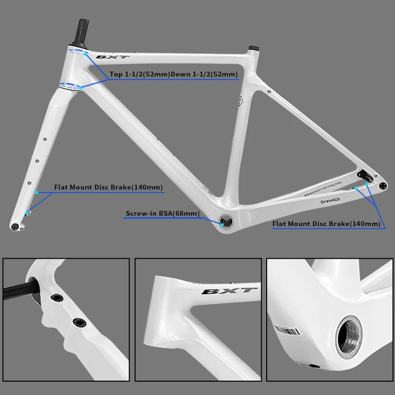 BXT Carbon Gravel Bike Frame Fully Hidden Cable Carbon Frame Fork Thru Axle Gravel Disc Brake Carbon MTB Road Bicycle Frame 27.5