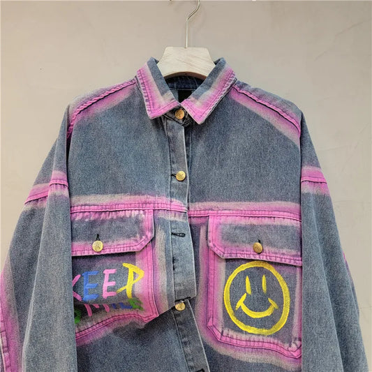 Blue Print Denim Shirt Jacket Women Loose Casual Fashion Tops European Station 2024 Autumn New Streetwear All-Matching Blouse