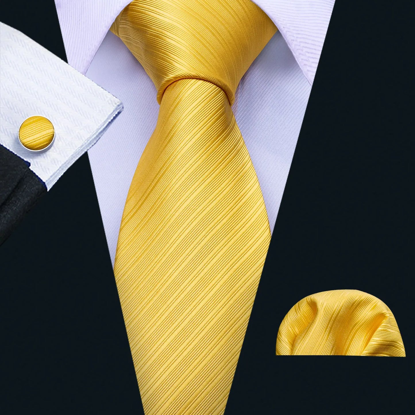 Fashion Silk Men Tie Set Gold Yellow Orange Solid Paisley Striped Plaid Floral Necktie Pocket Square Cufflinks Wedding Business