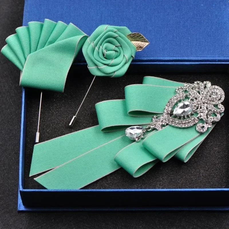 Fashion Handmade Bow Tie Wedding Collar Luxury Rhinestone Bowtie Necktie Brooch Pocket Towel Square Set Gift for Men Accessories