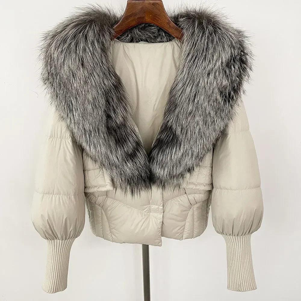 Winter girls jacket with real raccoon fox fur loose fit coat