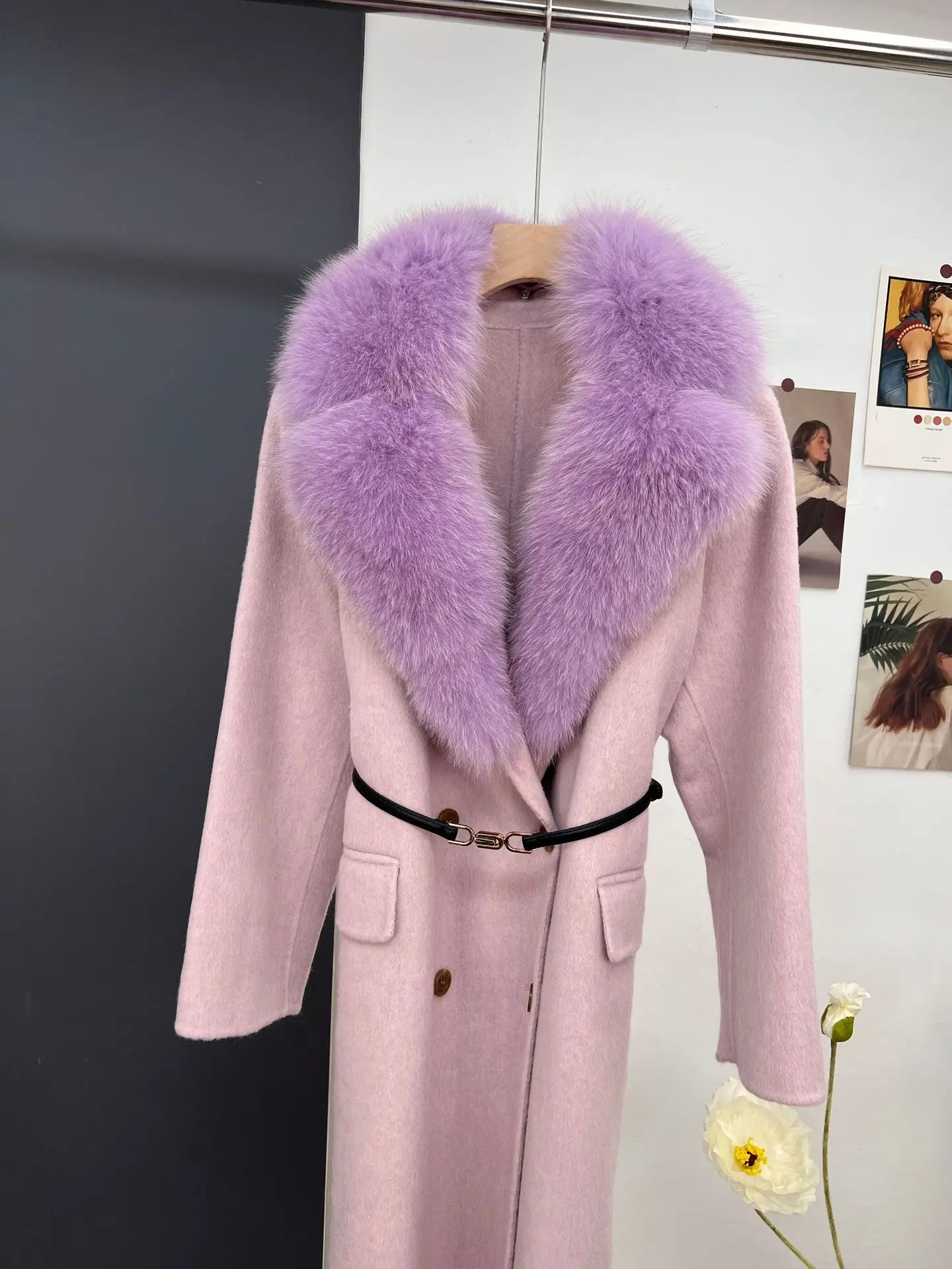 women's luxury wool coat  long patchwork design with detachable fox fur