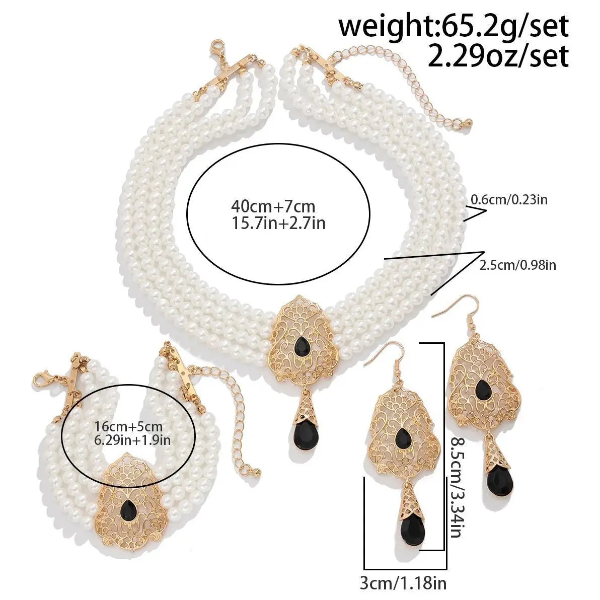 KunJoe Luxus Mehrschichtig Imitation Perlen Halskette Armband Ohrringe Frauen Wassertropfen Grün Strass Choker Hochzeit Schmuck Set