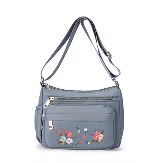 Casual Crossbody Backpack Ladies Oxford Cloth Shoulder Bag Fashion Embroidery Flower Zipper Travel Handbag
