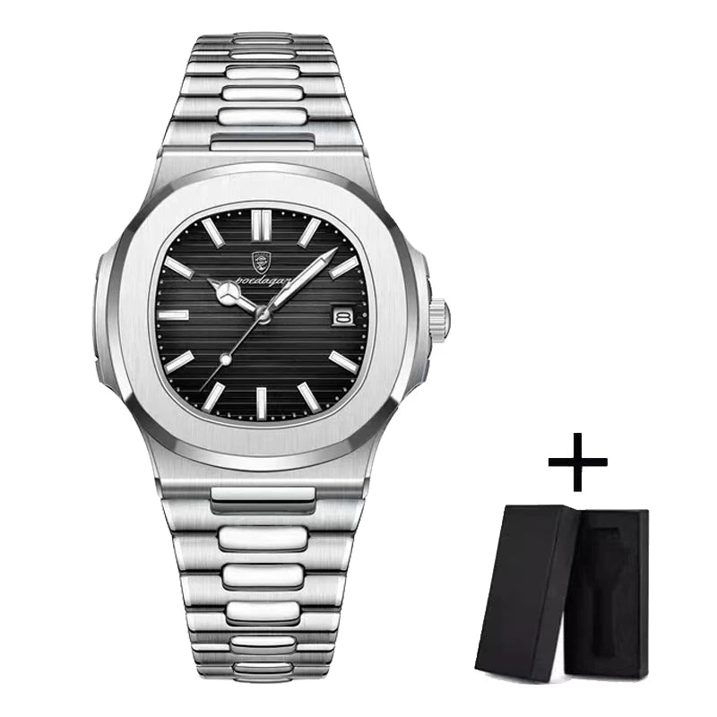 POEDAGAR Luxury Watch 2024 New Business Waterproof Male Clock Luminous Date Stainless Steel Square Quartz Men Watch reloj hombre