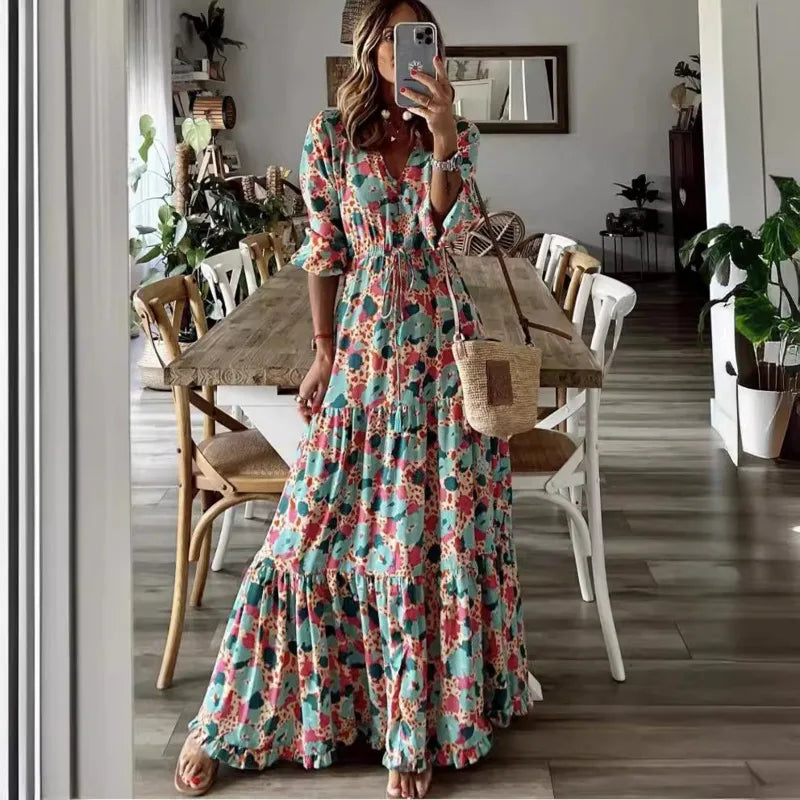 Elegant Women's Flower Long Dresses 2025 Spring New Bohemian Printed Dress Abıye Kadın Abiye Платье Robe Ete Femme Vestidos