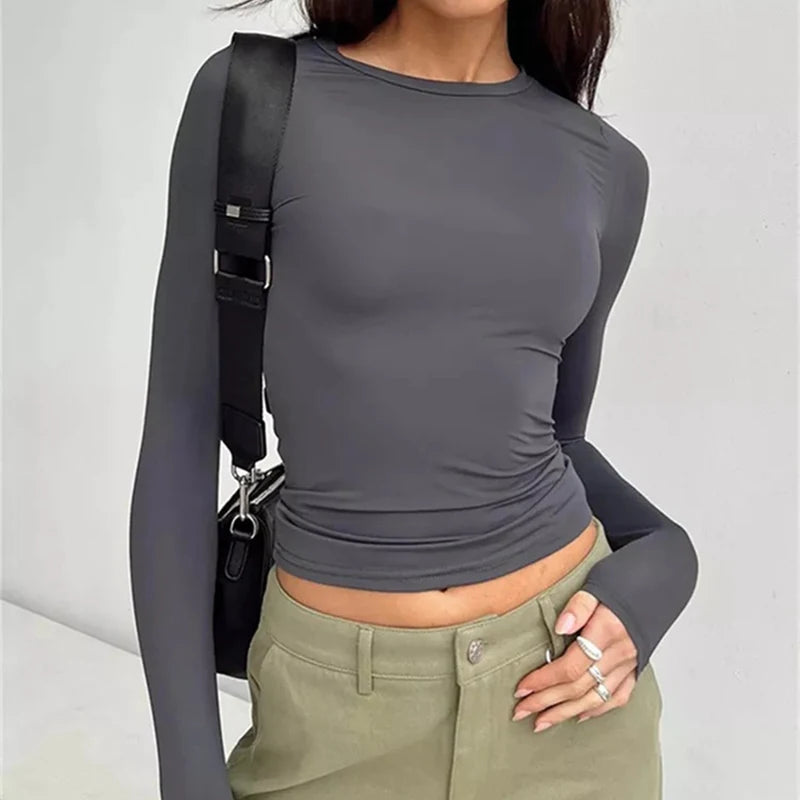 Women Long Sleeve T-Shirts Spring Autumn Slim Fit Casual Pullovers Female Streetwear O Neck Base Tops Tees Y2K Clothes T Shirt
