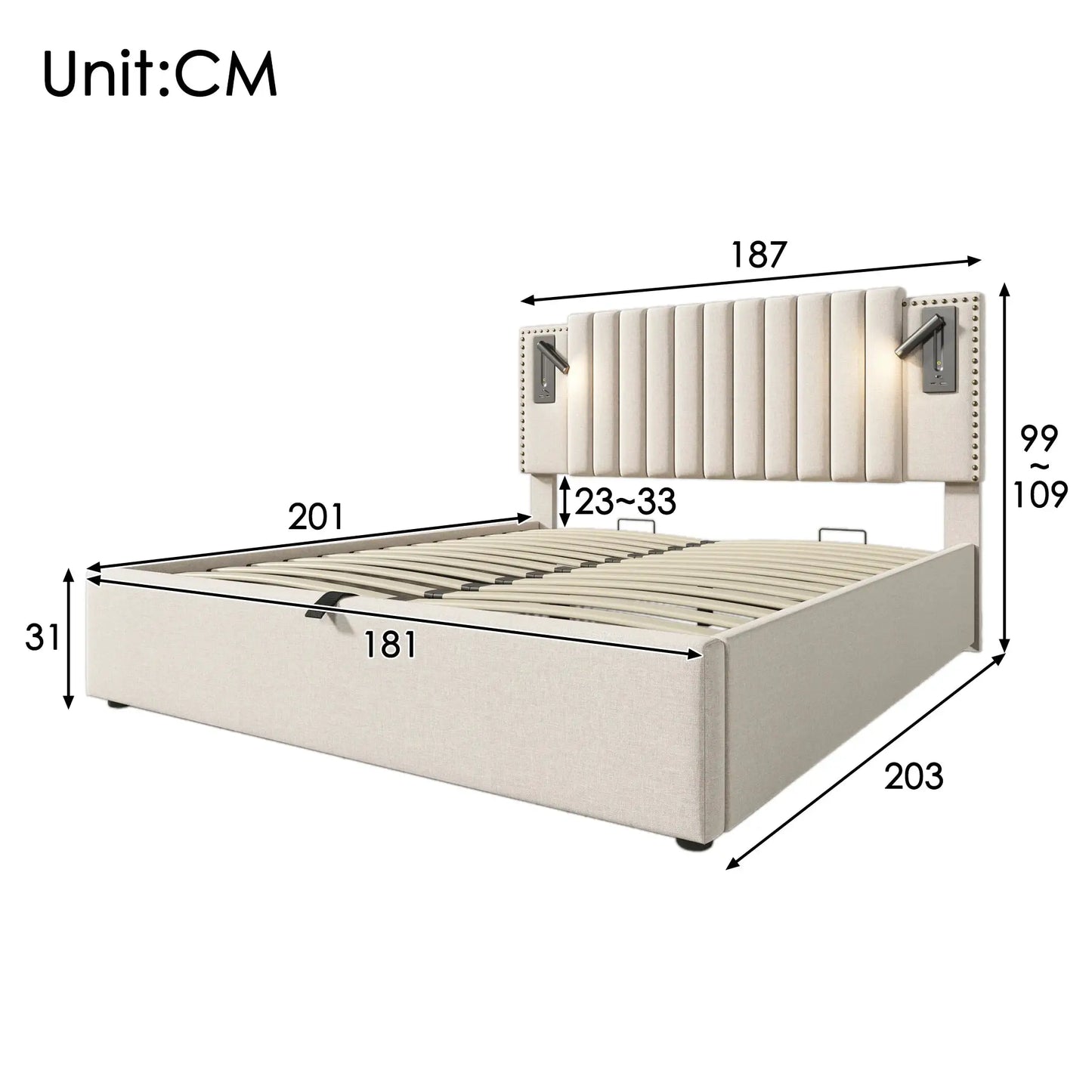 Polsterbett Doppelbett Mit Leselicht Und USB Ladefunktion
