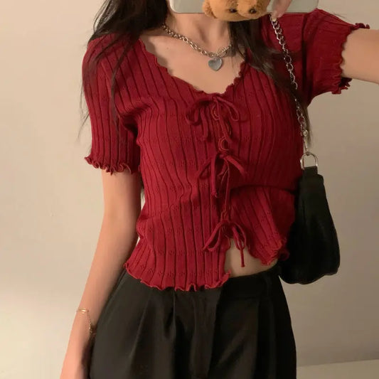 Knitted TShirt For Women V-neck Summer Simple Versatile Casual Crop Tops Bandage Ribbed Short Sleeve Women's Top T-Shirt Girl
