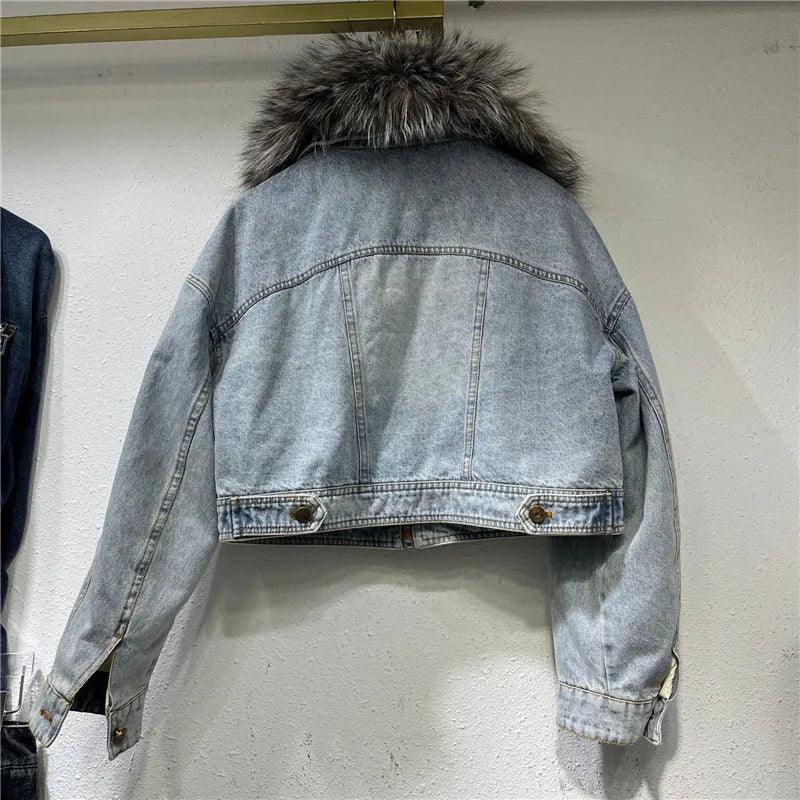Real Fox fur thick warm denim parkas female winter coat