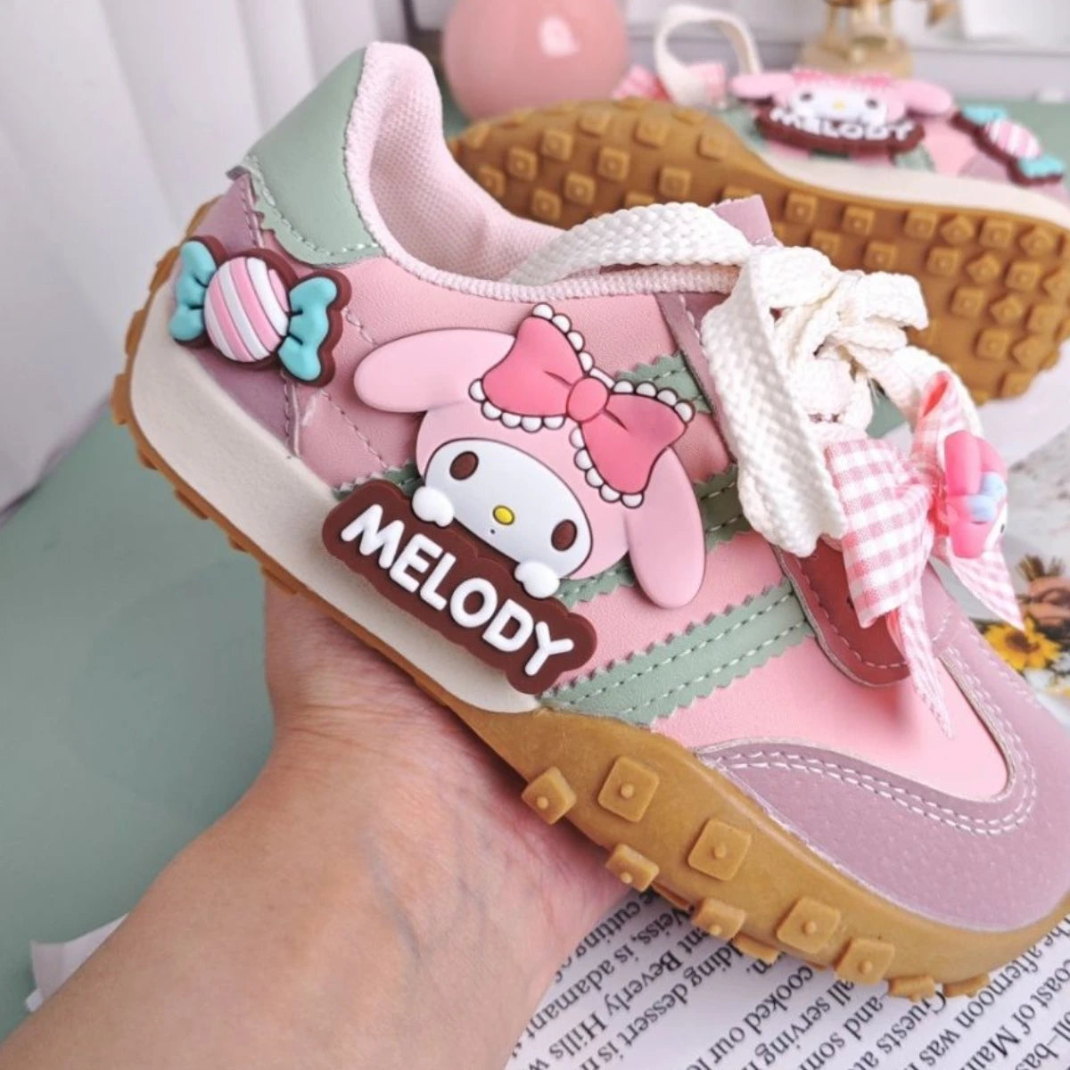 Kinder Casual Schuhe 2025 - Mädchen Cartoon MELODY PU Leder Outdoor Schleife - Anti-Rutsch Sneakers Rosa Größe 26-37 7-13J