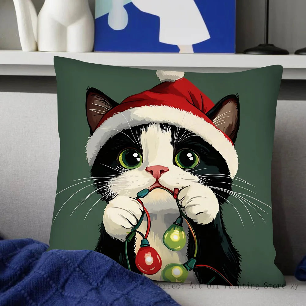 Christmas Cat Pillow Case Fashion Square Pillowcase Bedroom Sofa Room Ins Decoration Leisure Cushion Cover 40x40