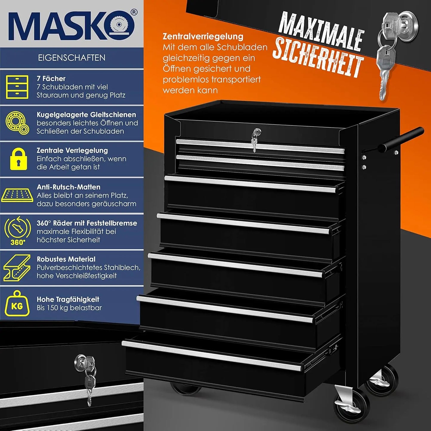 XIUWOM Werkstattwagen Abschließbarer Metall Werkzeugwagen - 7-Schubladen, 200 Kg by Golden Bridge Store