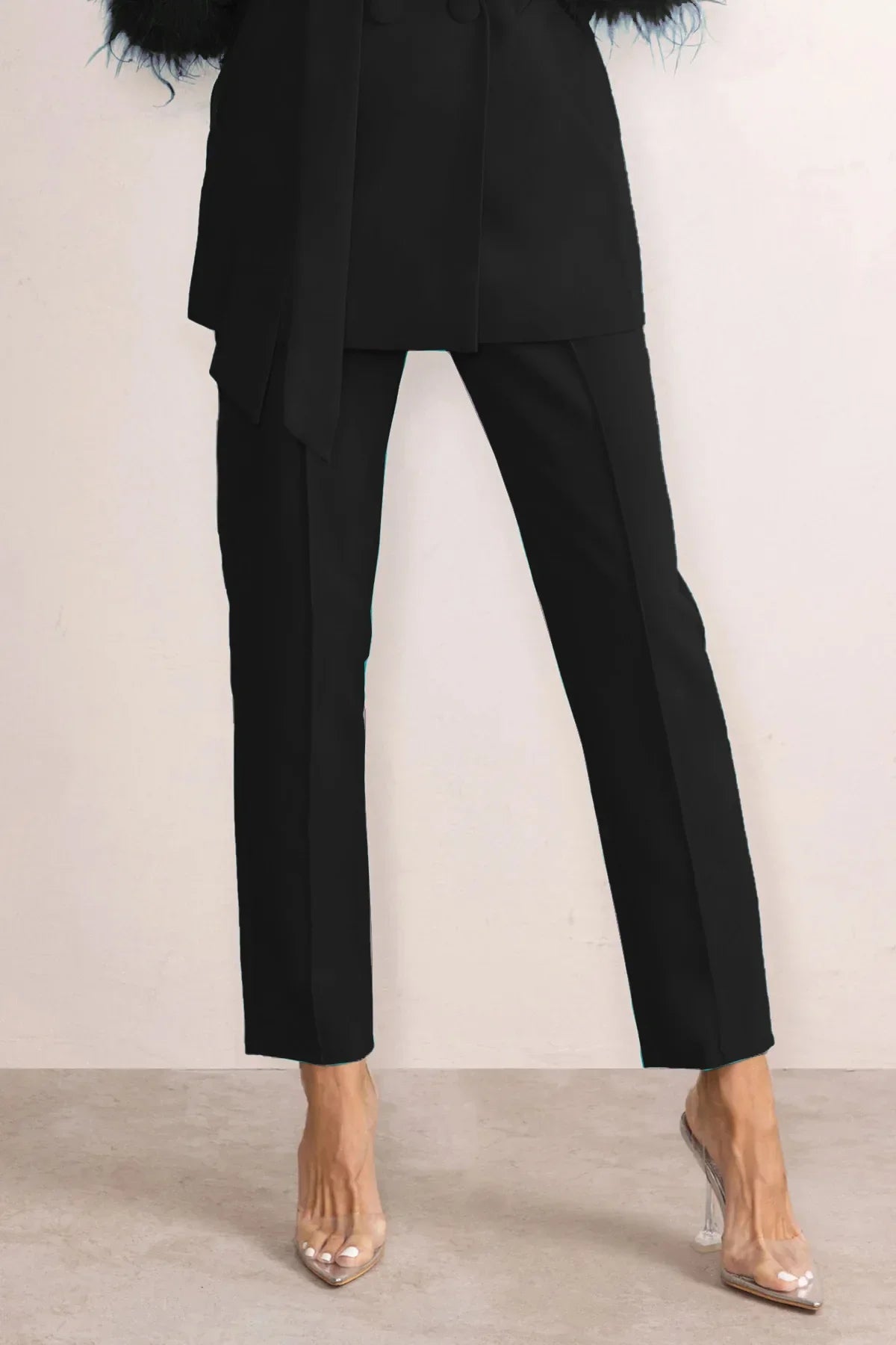 Elegant Women 2 Piece Set Solid Notched Neck Blazer Zipper Long Pants Feather Upright Coat Ladies Suit Fall Winter Office Wear