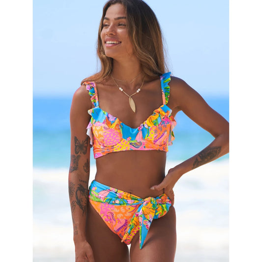 High Waist Schwimmbekleidung 2025: Underwire-Support Mori Girl Style sporlike - Neuer Blatt Druck Vintage Retro Badeanzug Halter Polsterung