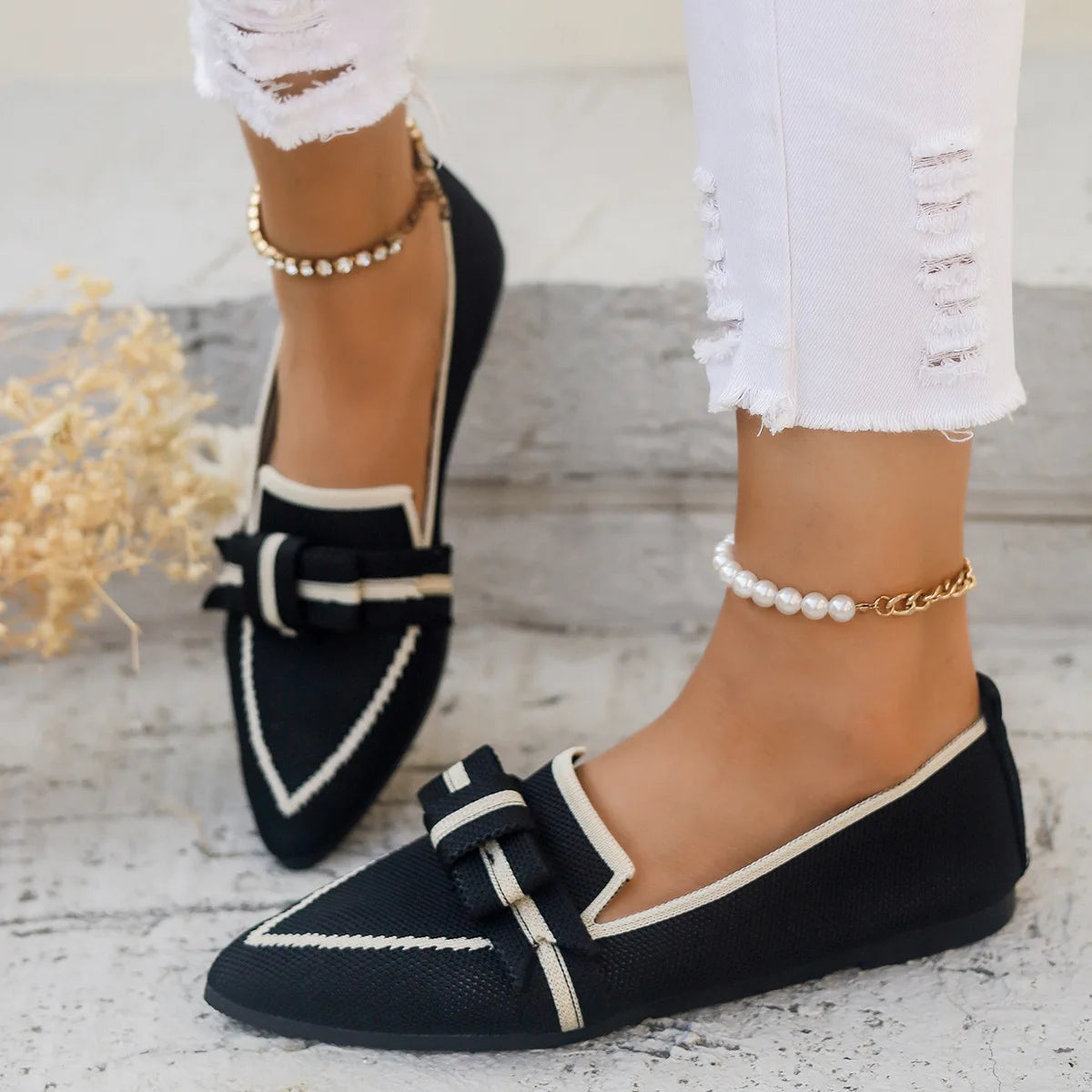 Women Flats 2024 New Knitted Slip Breathable Comfortable Solid Color Shoes Casual Pointed Toe Walking Loafers Sneakers Women