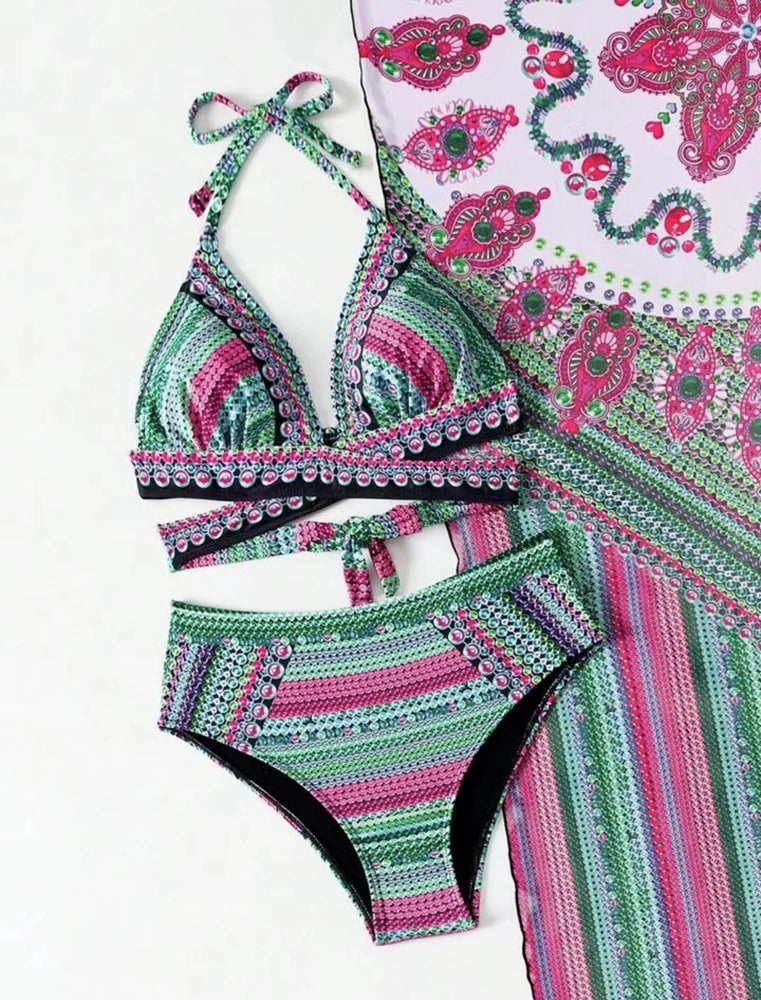 Vintage National Bikini: CXTAQV Cross Front Halter Wire-Free Chain - Mesh Cover Ups 3 Teiliges Set High Waist Plus Size