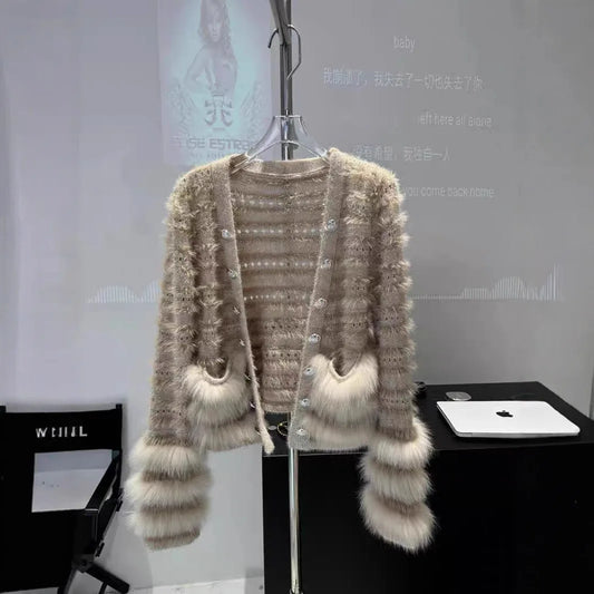 Seoulia V-Ausschnitt Pailletten-Pulli - Gr. M, Stretch, lang