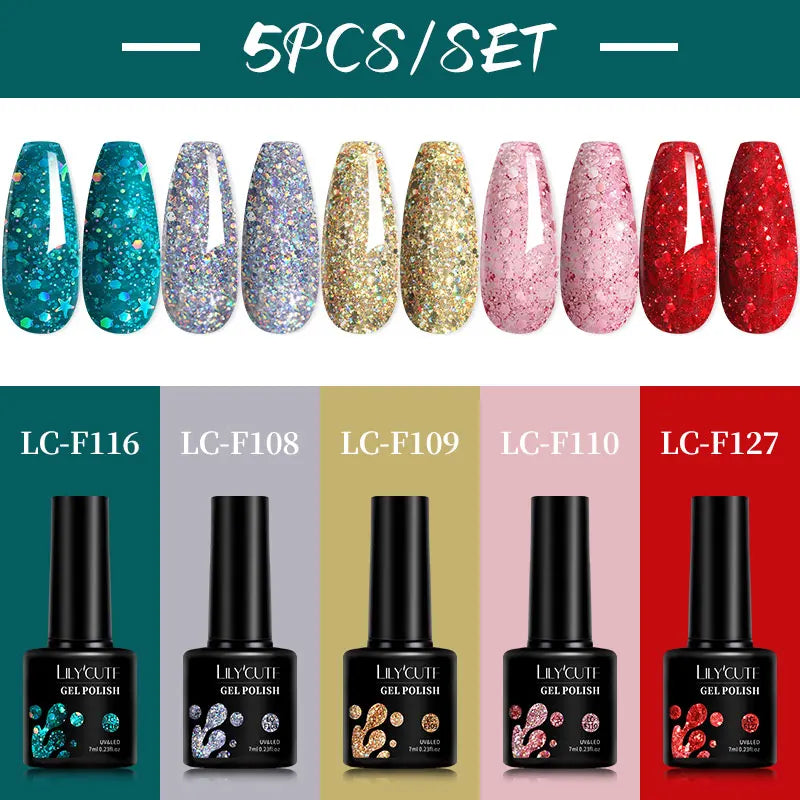 LILYCUTE 5Pcs/Set 7ML Red Brown Nail Gel DIY Nail Art Semi Permanent UV Gel Polish Long Lasting Design Manicure Kit Supplies