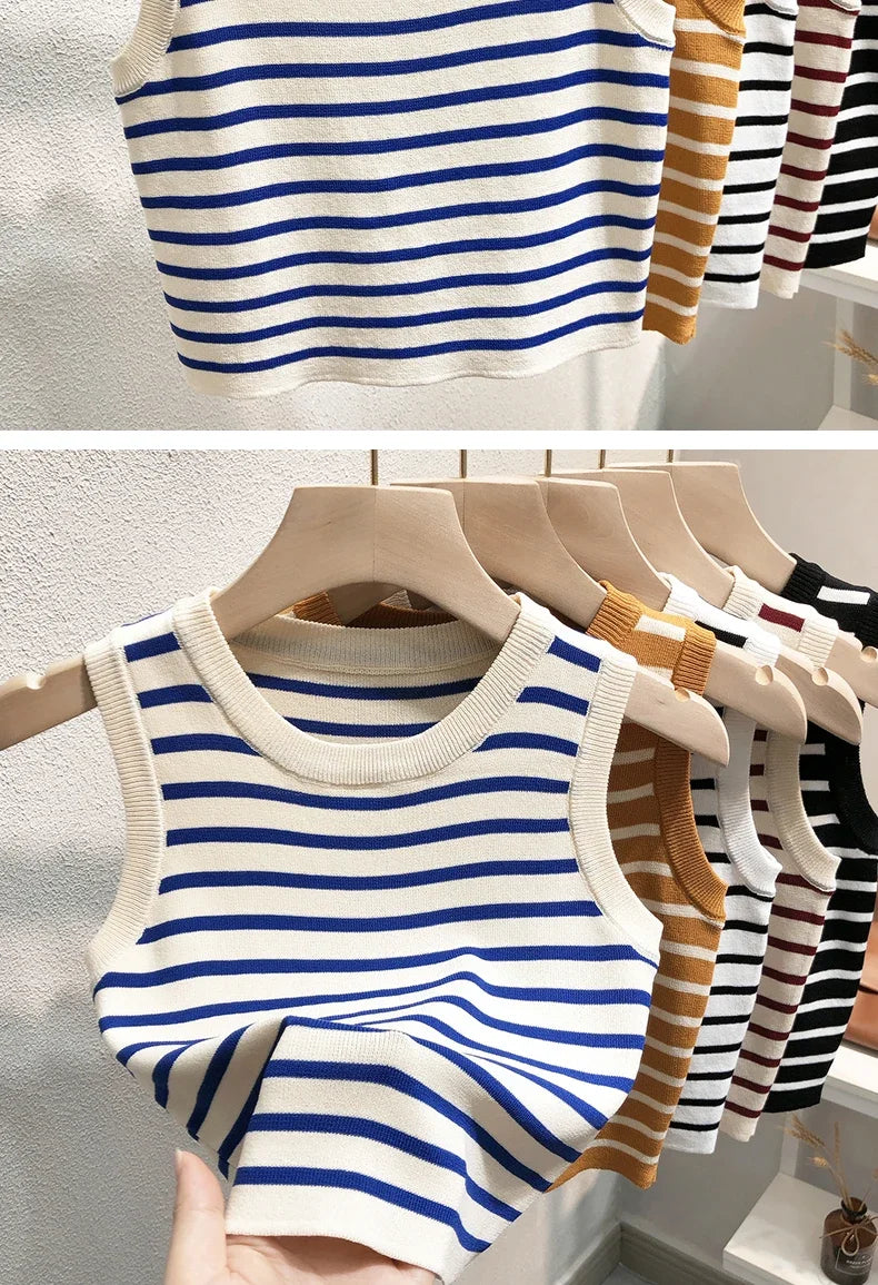 Vara primăvară dungi tanc topuri femei fără mâneci tricotate tricouri crop topuri femei elastice Slim casual veste pulover camis