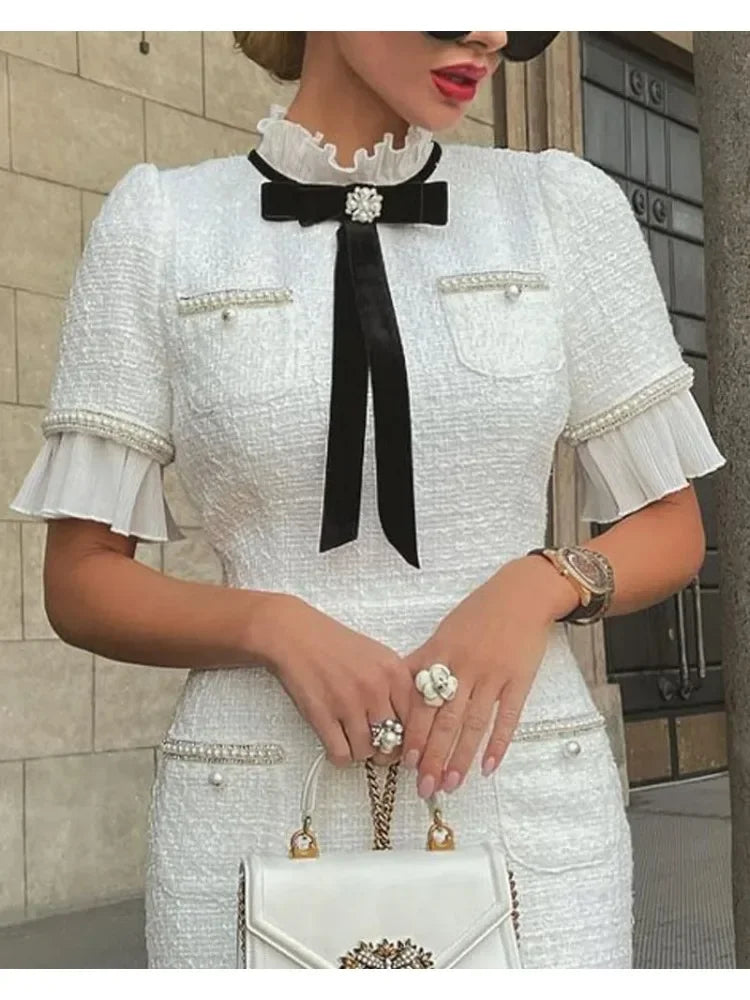 Elegant Dresses Women Fashion 2025 New Slim Short Sleeves Bow Ruffle Hem Beaded Fragrant Breeze White Dress Lady Office Clothes