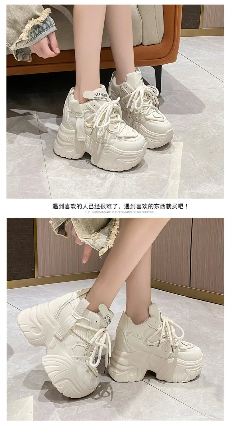 Women Walking Sneakers Autumn Lace-up High Platform Chunky Shoes Breathable Leather Shoes 10.5CM Winter Wedge Heels Casual Shoes