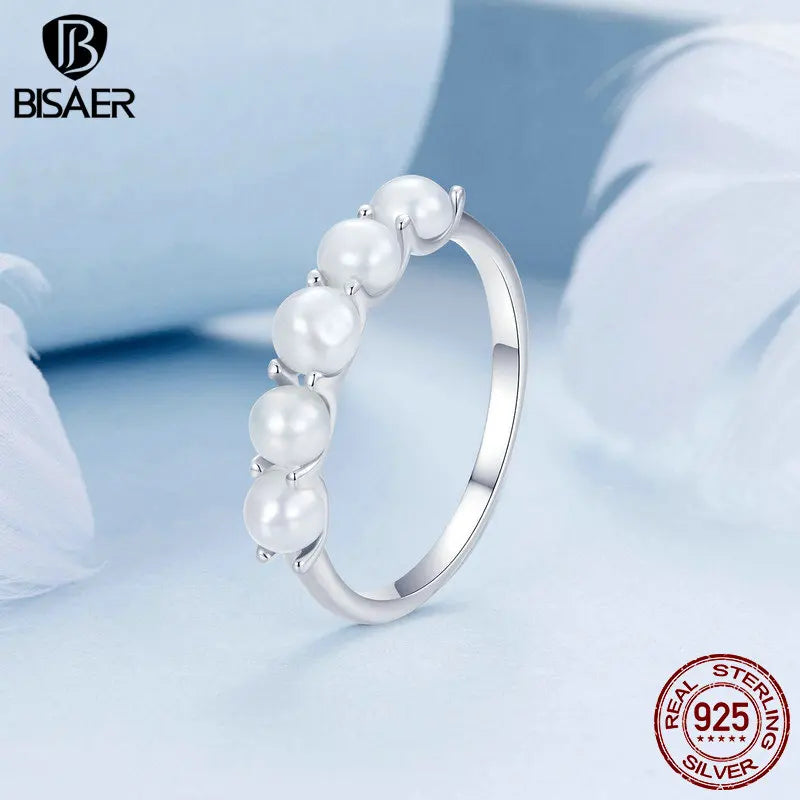 BISAER 925 Sterling Silver Pearl Ring Double Layer White Gold Zircon For Elegant Women Wedding Engagement Original Fine Jewelry