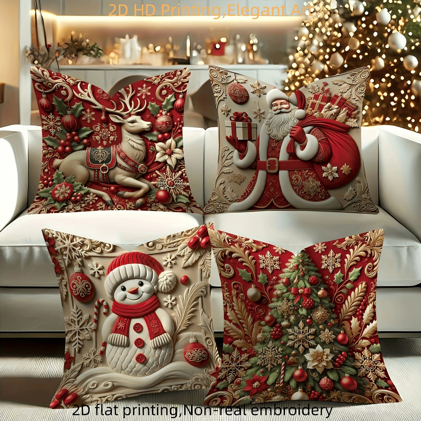 4pcs Christmas Pillow Covers, Red Gold Santa Reindeer Snowman Print, 2D Flat Polyester, for Festive Living Room Decor