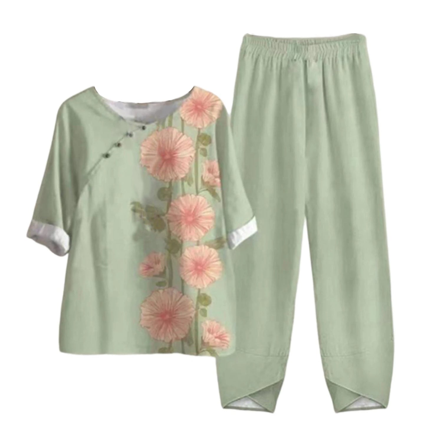 Elegant  Women Outfit Breathable Flower Pattern Blouse Trousers Half Sleeves Soft Blouse Pants Spring Clothes