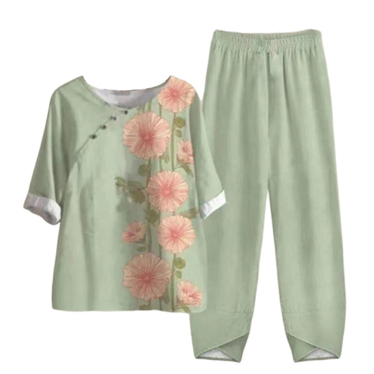 Elegant  Women Outfit Breathable Flower Pattern Blouse Trousers Half Sleeves Soft Blouse Pants Spring Clothes