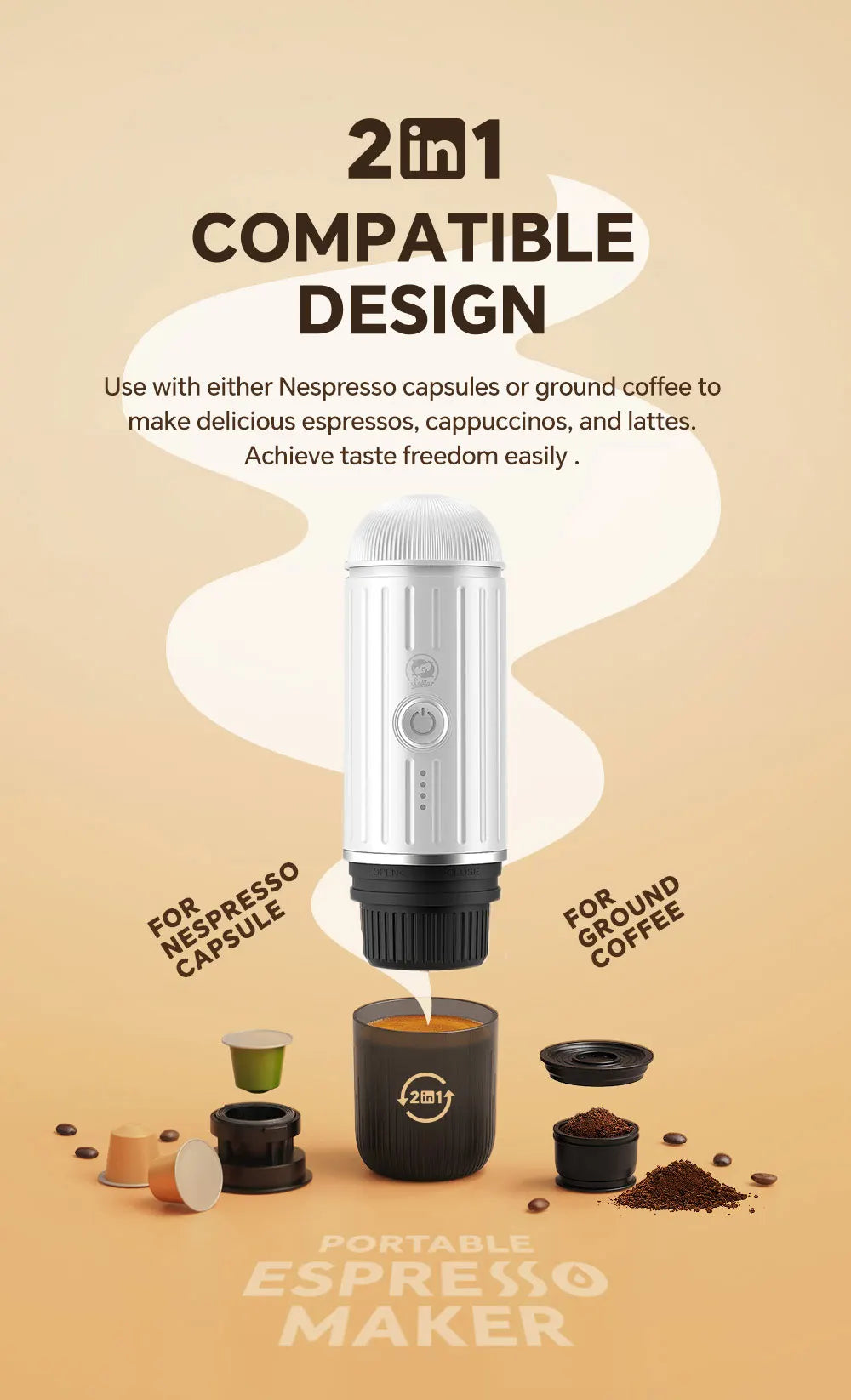 icafilas Portable Kaffeemaschine - Heizbar für Kapseln & Pulver, Travel Espresso Maker mit Tasche