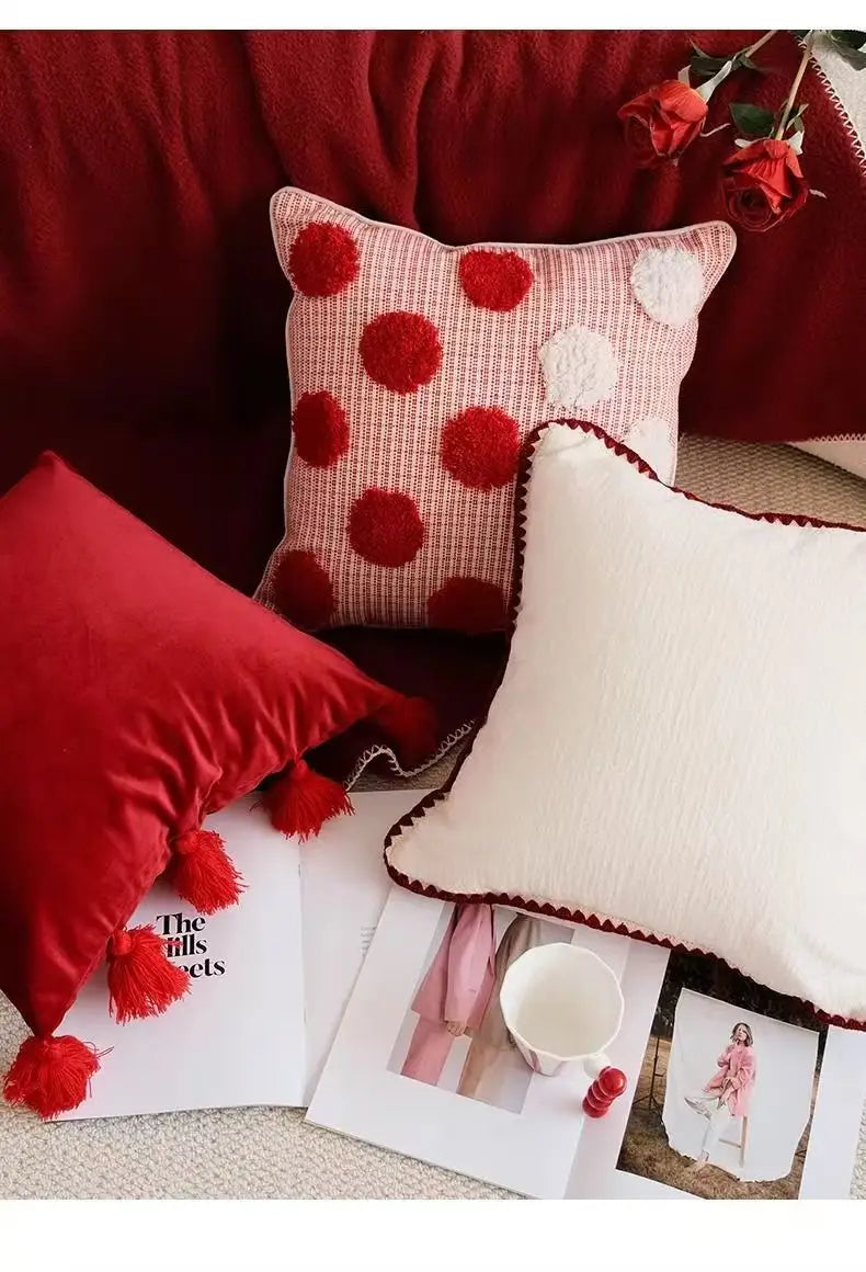 Modern Red Festive Cushion Cover Christmas Party Pillow Cover Decorative Polka Dot Tufted Tassel Velvet Pillowcase Home Decor
