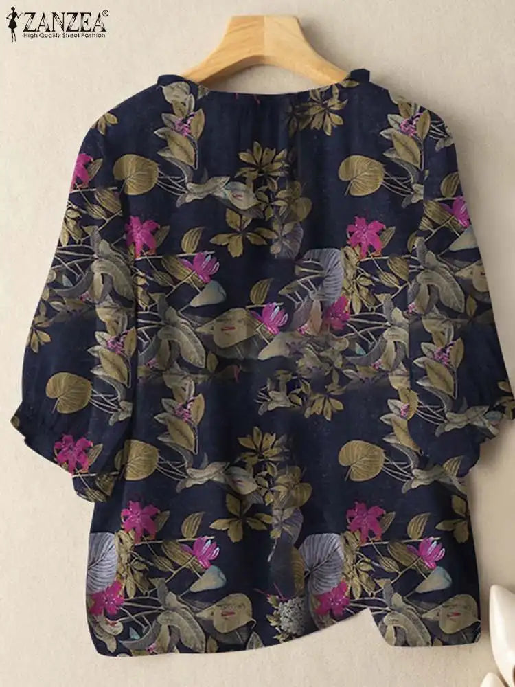 Bohemian Ruffles Tunic Shirt Work Blusas ZANZEA Women Summer O Neck 3/4 Sleeve Tops Casual Mujer Vintage Floral Printed Blouse